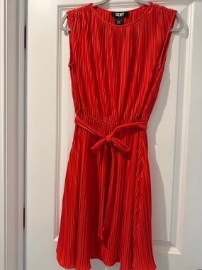 DKNY Red Pleated Sleeveless Dress with Waist Tie